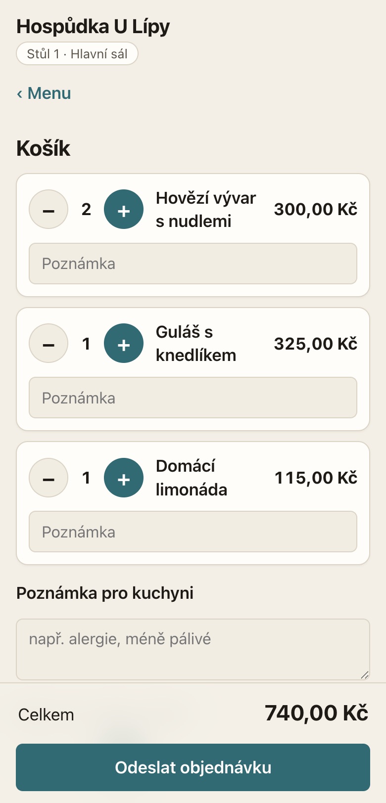 Košík hosta před odesláním objednávky