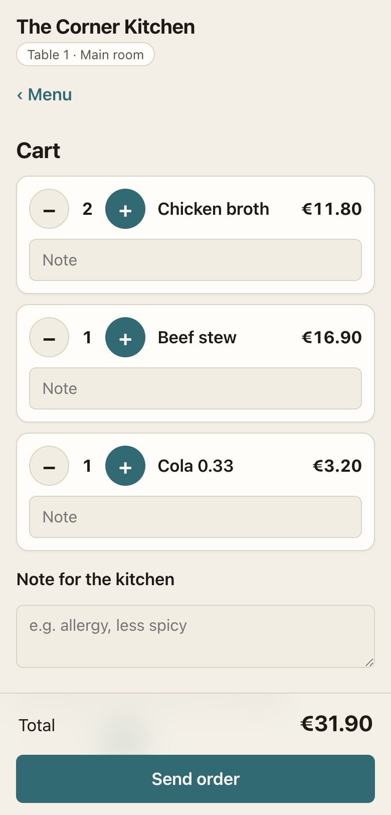 Guest’s cart before sending the order