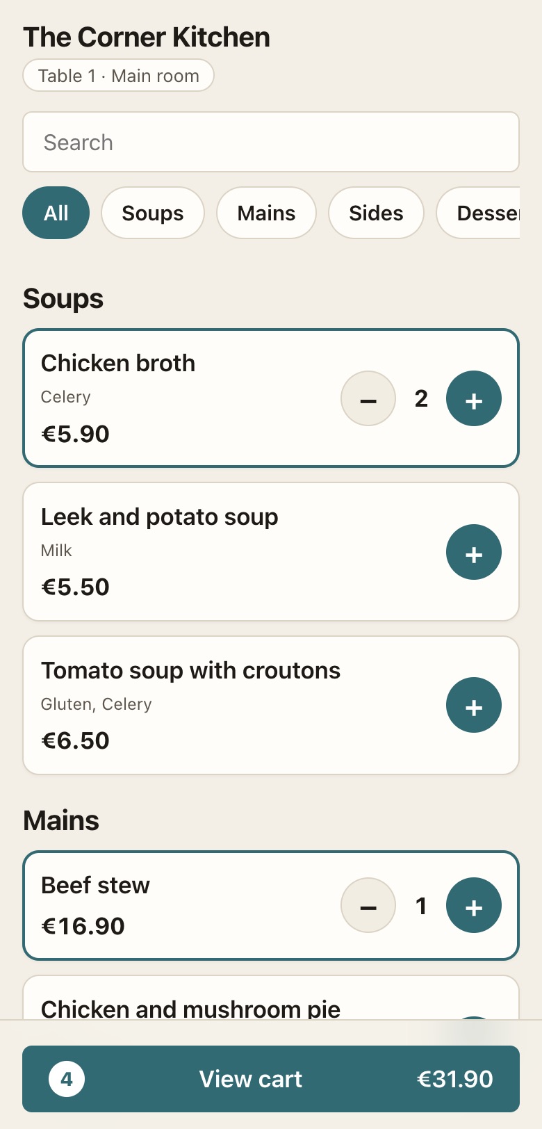 Guest ordering page on a phone