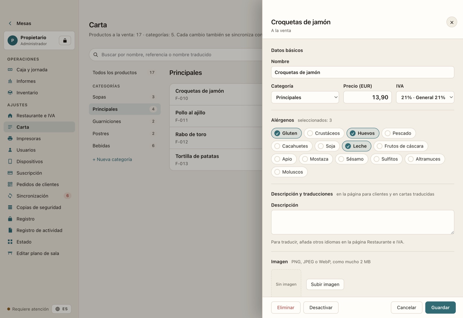 Editor de carta con categorías, precios y alérgenos