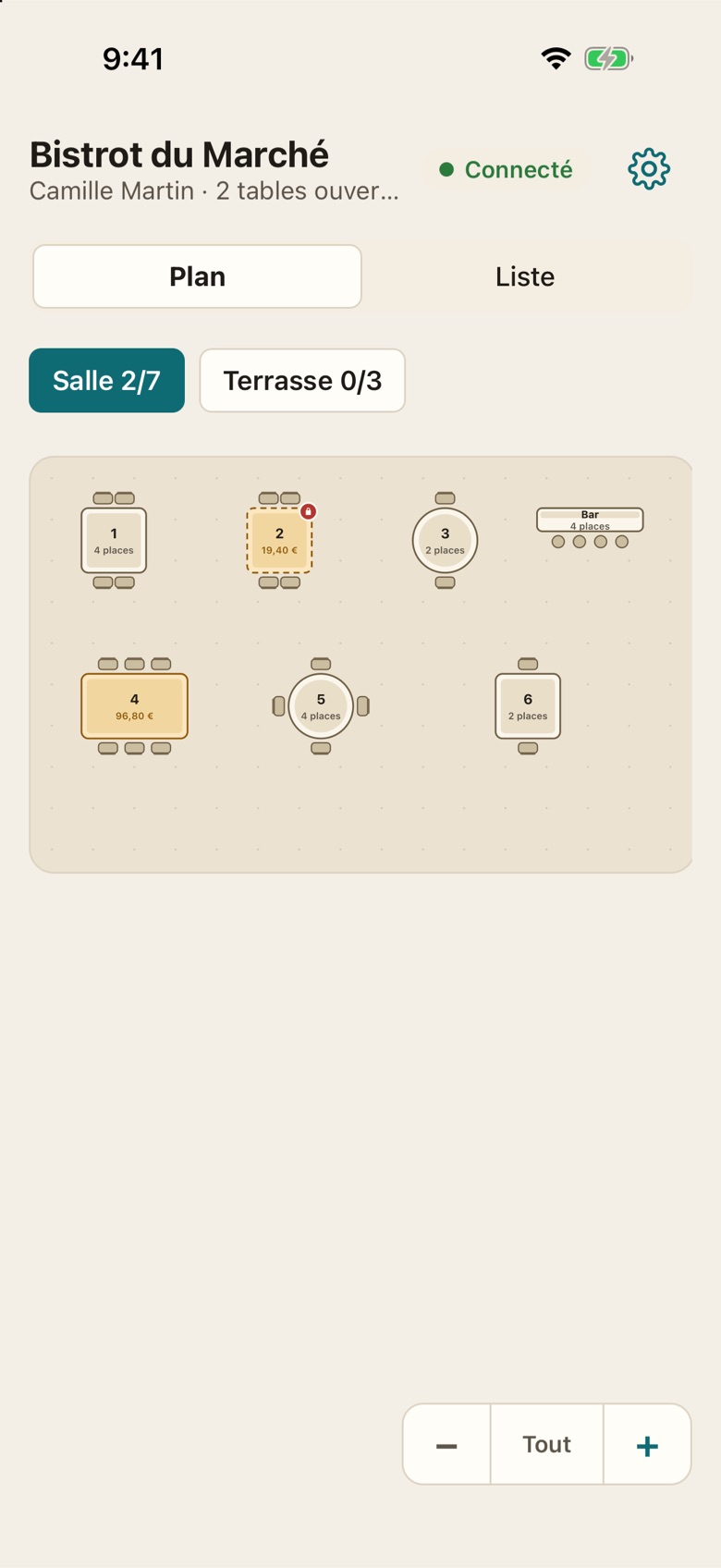 Le plan de salle sur le téléphone du serveur