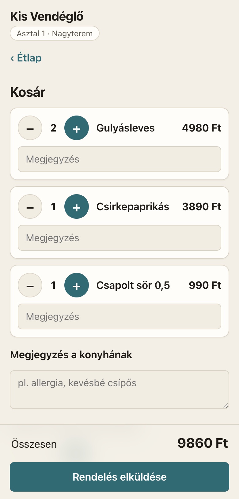 A vendég kosara a rendelés elküldése előtt