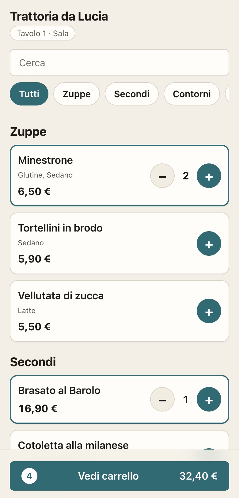 Pagina ordini del cliente su un telefono