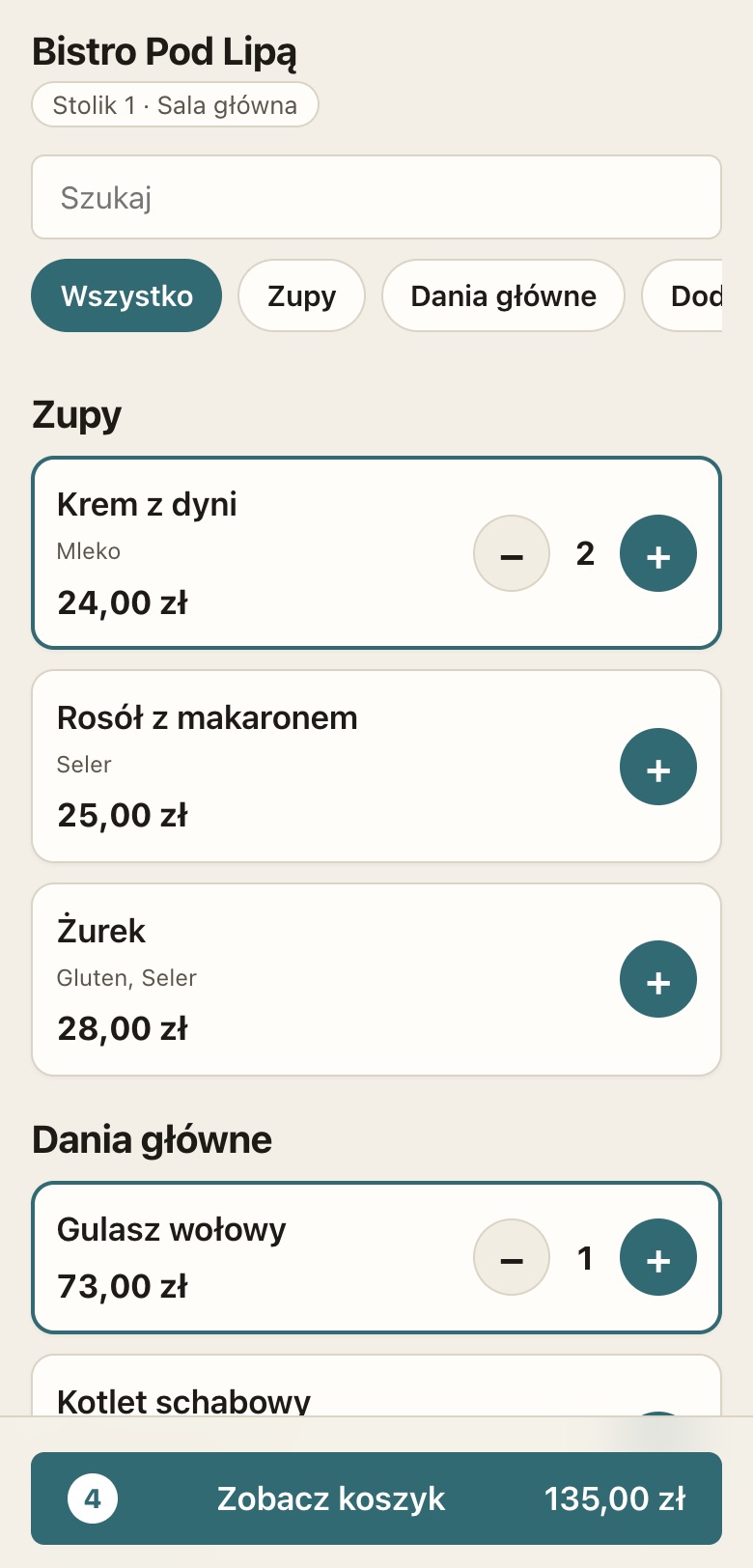 Strona zamówień gości na telefonie