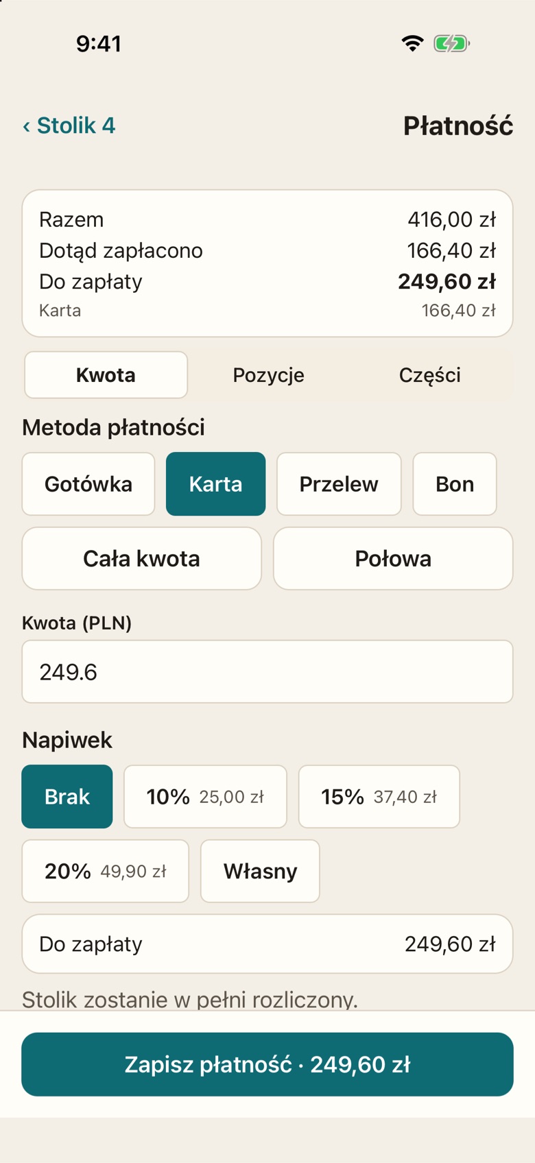 Przyjmowanie płatności przy stoliku na telefonie