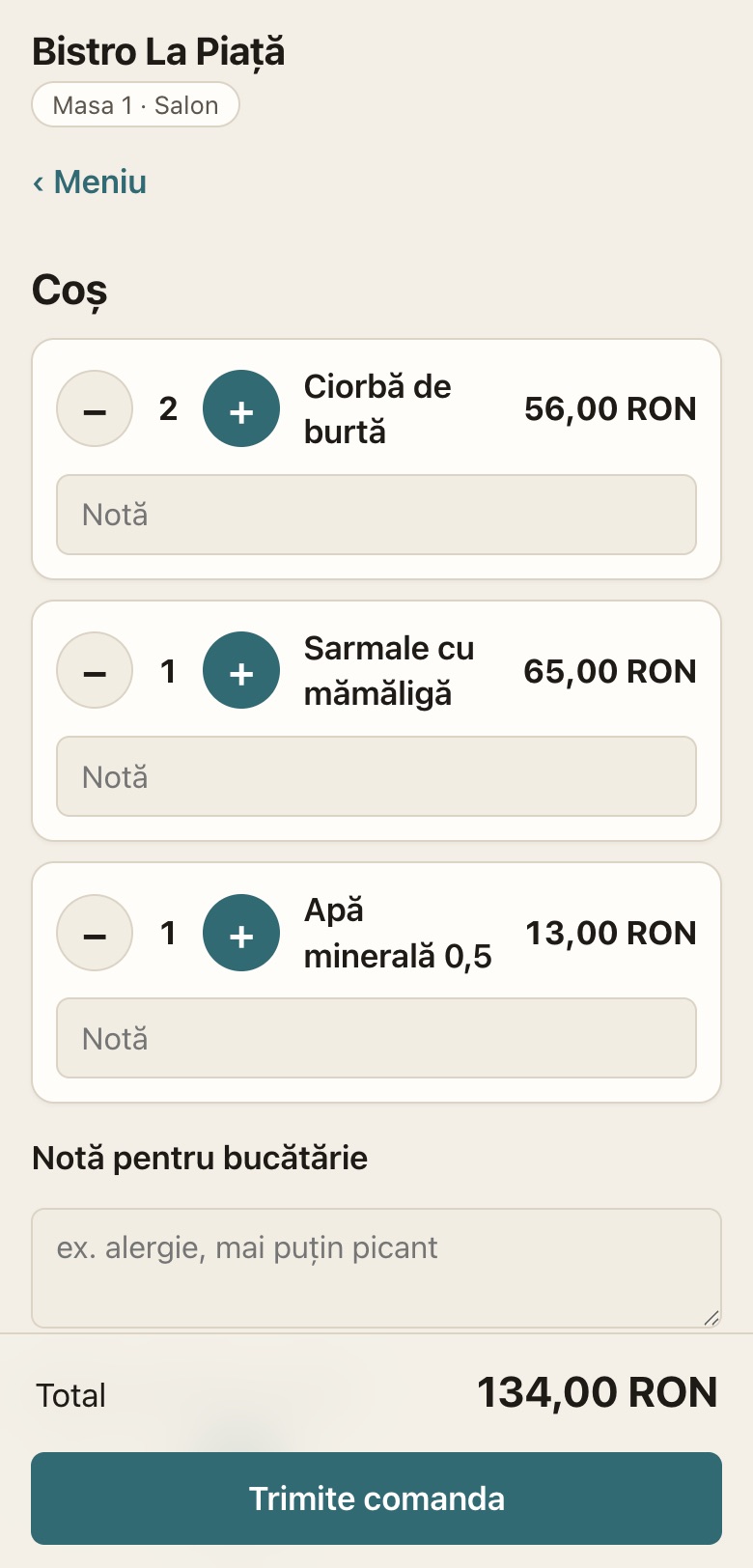 Coșul clientului înainte de trimiterea comenzii