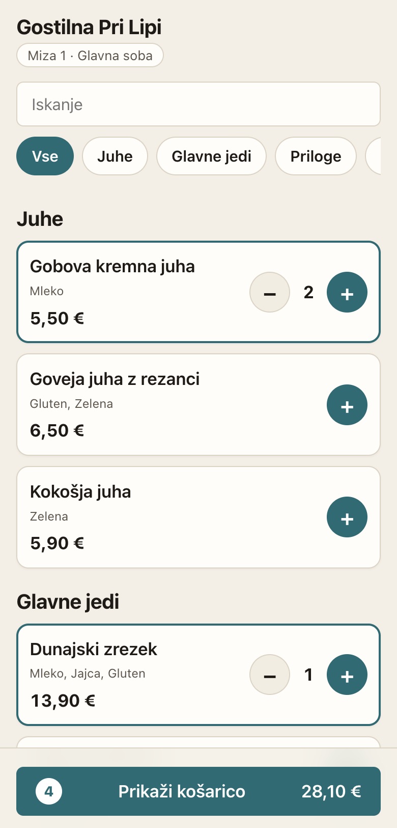 Stran za naročila gostov na telefonu
