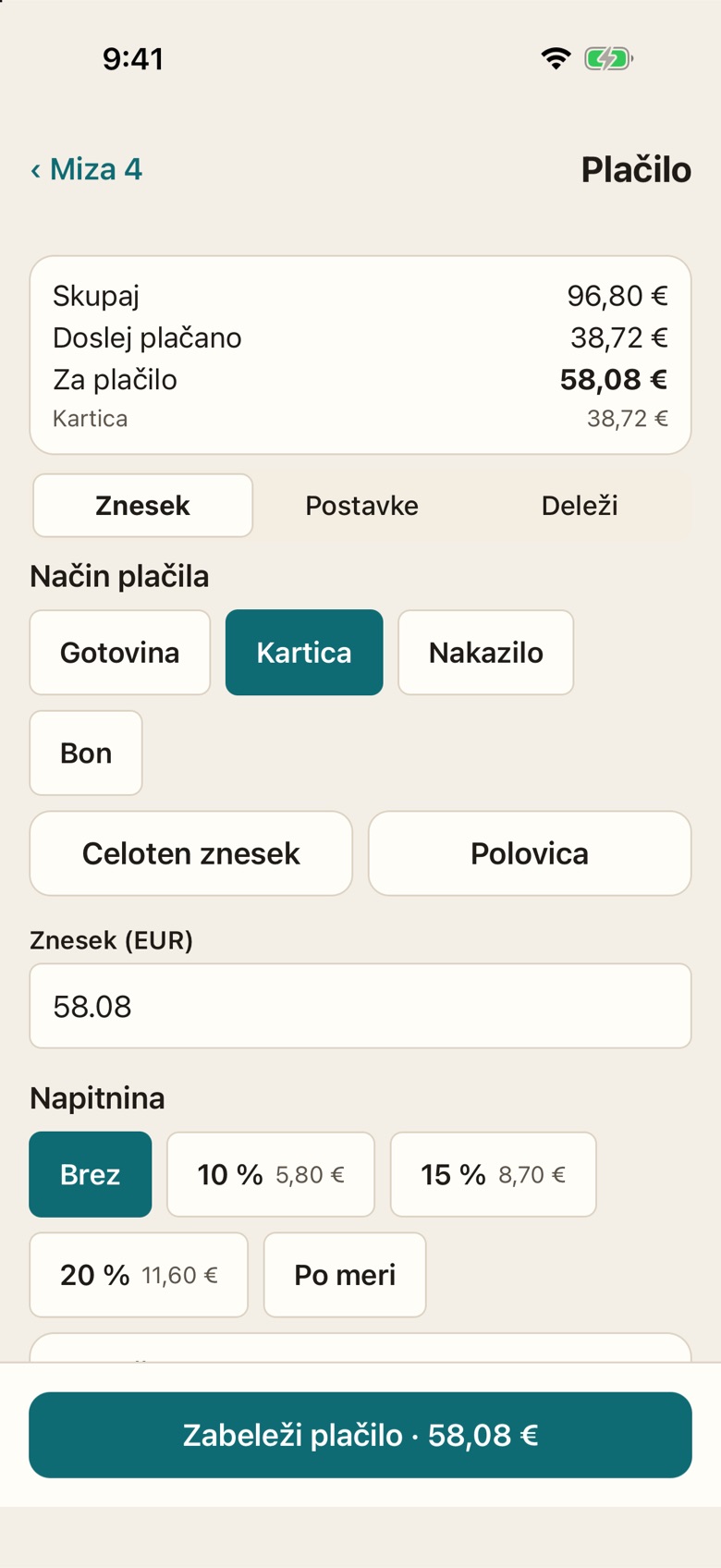 Zaračunavanje pri mizi s telefonom